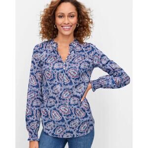 Talbots Women’s Blouse XL Blue‎ Ruffle Trim Popover Shirt Paisley Band Neck Top